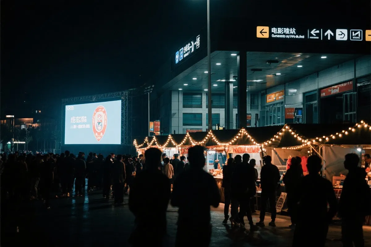 费城球迷广场夜景：大屏观赛人群、步行指示牌与公共交通入口